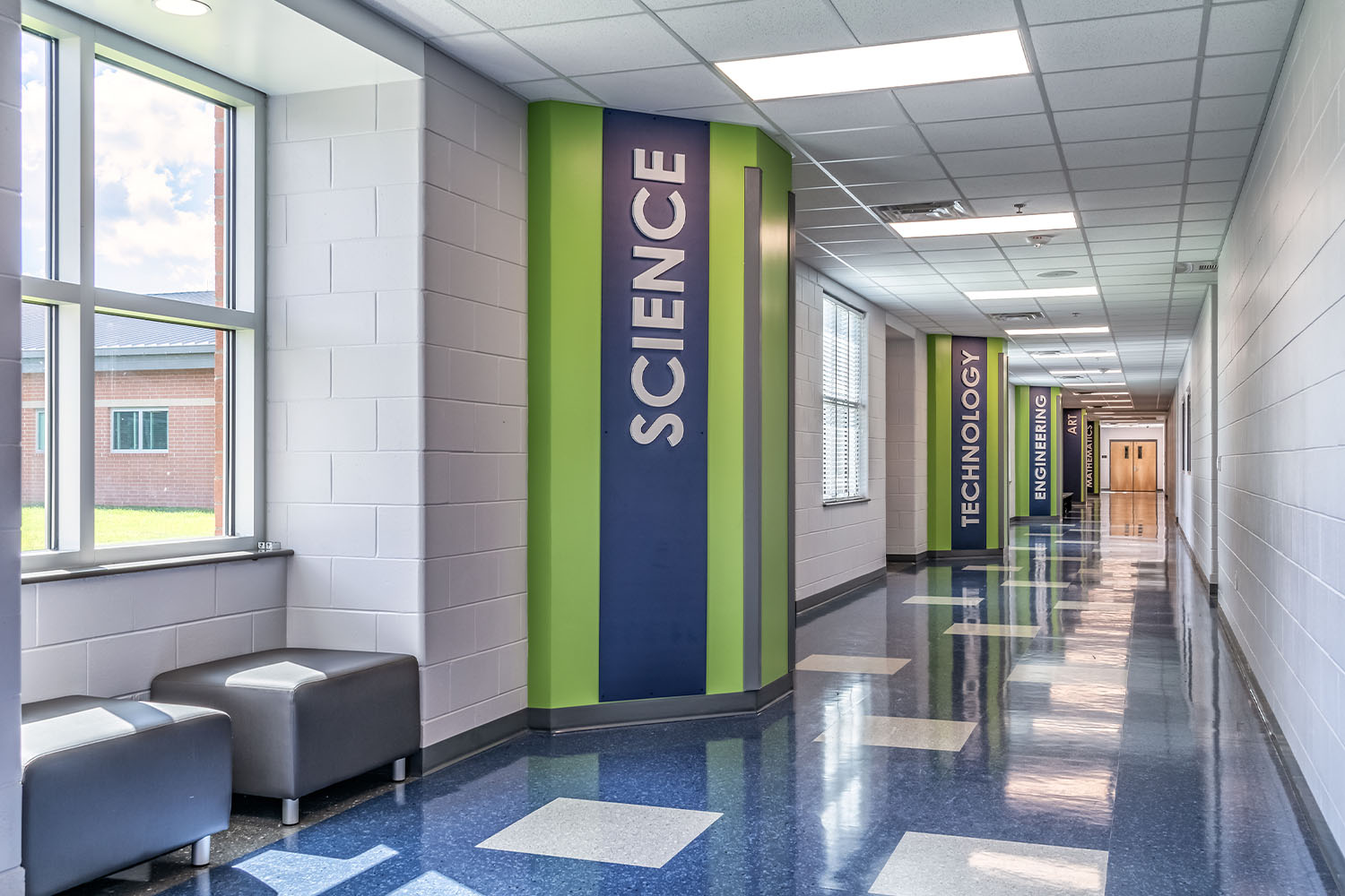 Hallway with text graphics for Science, Technology, Engineering, Art, Mathematics