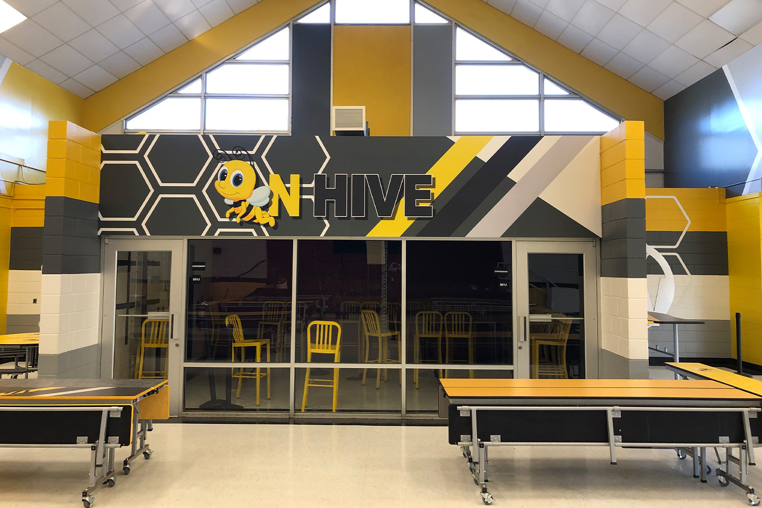 Northwestern Legends bumble bee mascot graphic on a call of the school's cafeteria